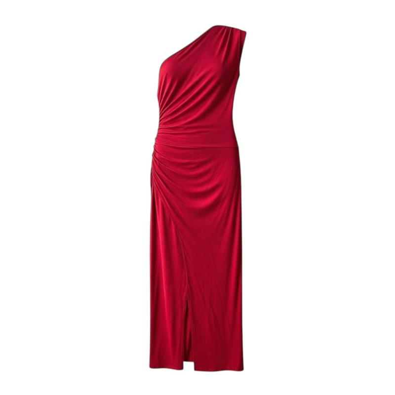 Dress Merah Maxi Plus Size Saiz Besar Size 2XL Bust 48" One Shoulder Extra Long dengan Ruched Detailing dan Slit Tinggi