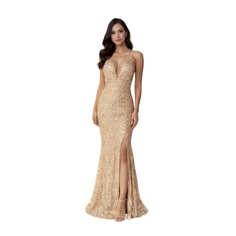 Gold Sequin Evening Gown Set Necklace Earrings