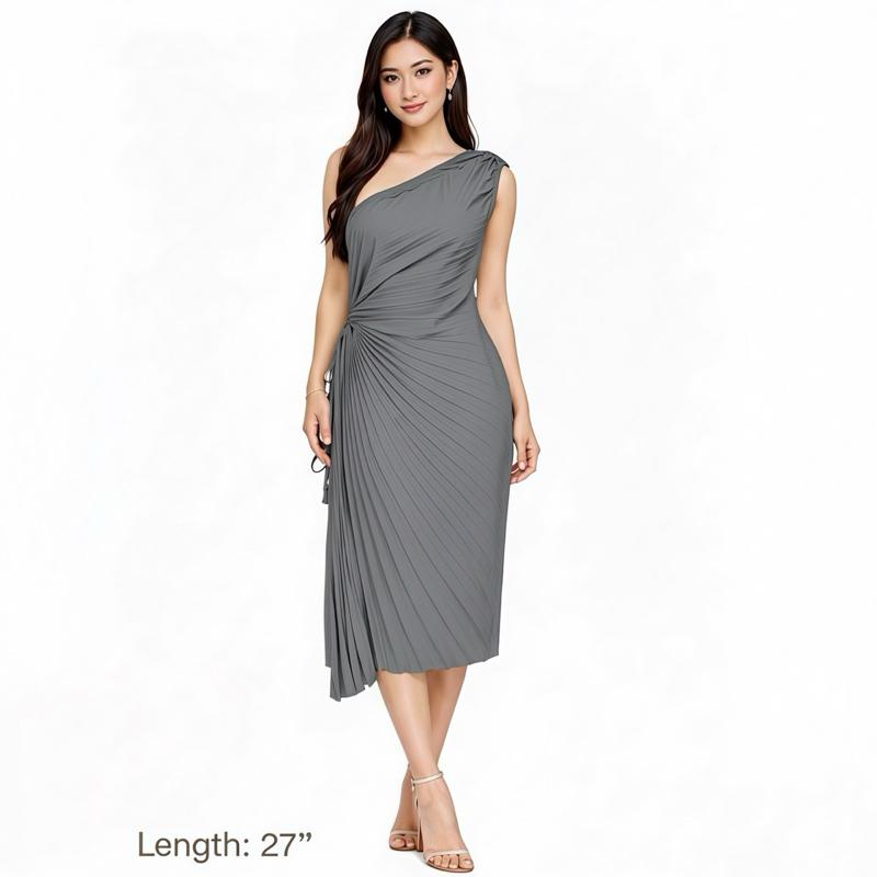 The rewear station One-Shoulder Pleated Casual women maxi dress