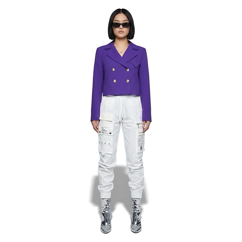 Rewear Station Baju Blazer Purple Corduroy Cropped Double Breasted Butang Emas Women Jacket Casual Vintage Tops