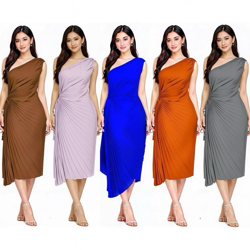 The rewear station One-Shoulder Pleated Casual women maxi dress