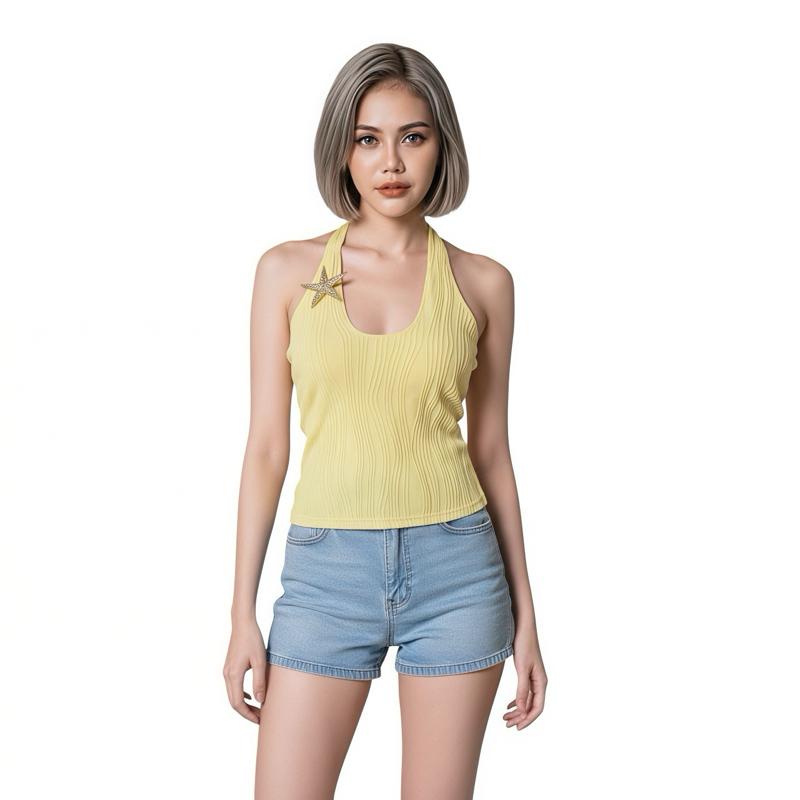 Yellow Ribbed Halter Top with Stretch | Back Tie