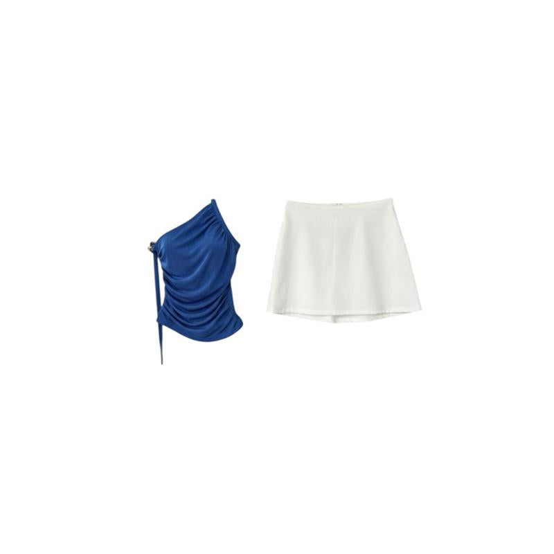 [1 of 1] Rewear Station Sexy Navy Halter Statement Top White Skirt Set Baju Set Biru Putih