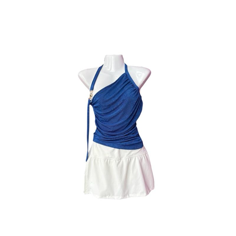 [1 of 1] Rewear Station Sexy Navy Halter Statement Top White Skirt Set Baju Set Biru Putih