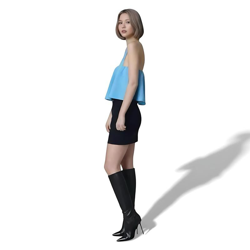 [1 of 1] Rewear Station Blue Flared Top Black Mini Skirt Baju Set Biru Hitam Santai