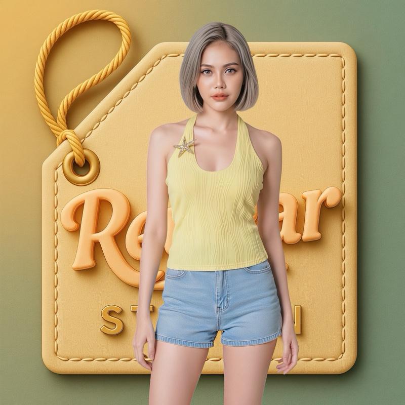 Yellow Ribbed Halter Top with Stretch | Back Tie