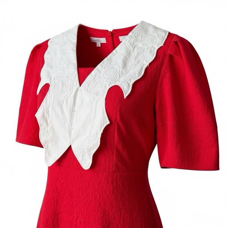 Vintage Red Dress with White Lace Collar | Elegant Short Sleeve Midi Dress | Dinner Dress Malaysia | Baju Merah Lace | Size L | Ready Stock MY