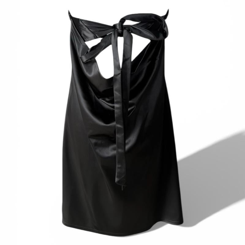 Elegant Black Satin Tube Dress with Back Tie