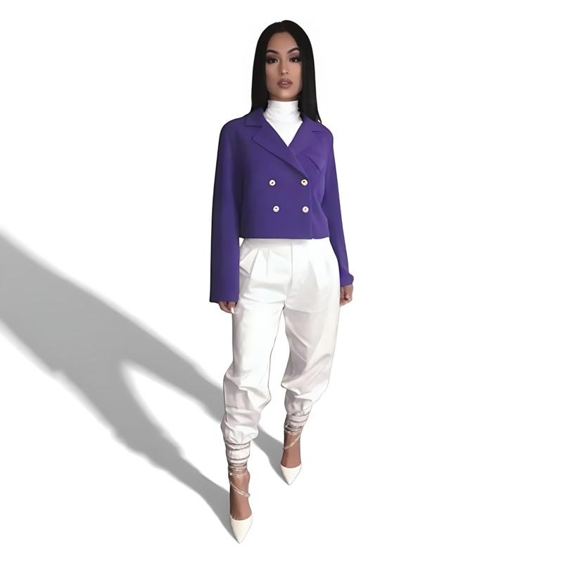 Rewear Station Baju Blazer Purple Corduroy Cropped Double Breasted Butang Emas Women Jacket Casual Vintage Tops