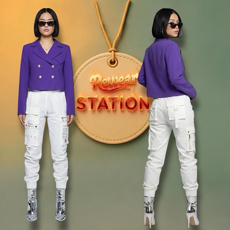 Rewear Station Baju Blazer Purple Corduroy Cropped Double Breasted Butang Emas Women Jacket Casual Vintage Tops