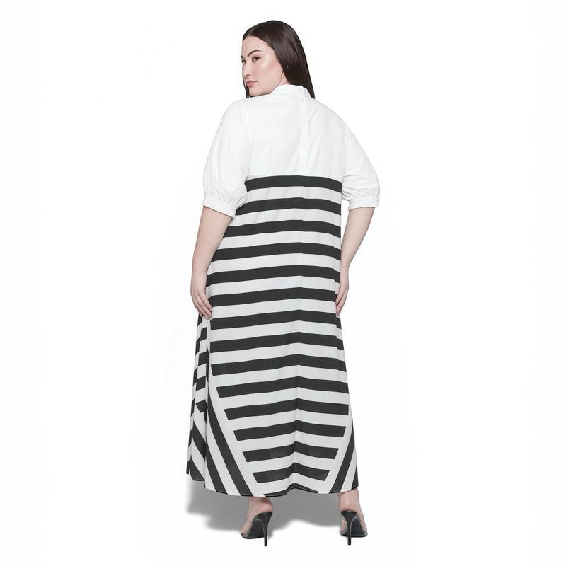 | Plus Size Women Stripe Maxi Dress Loose Fit Collar Puff Sleeve Baju Raya 2026 Casual Minimalist Long Dress