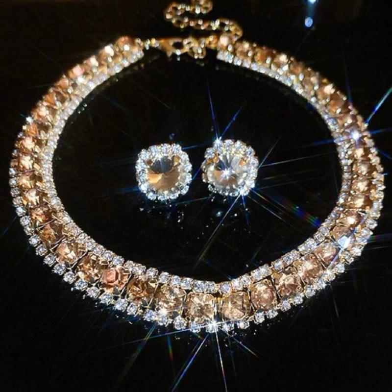 Champagne Sequin Evening Dress Set Necklace Earrings