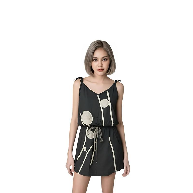 Size L Sleeveless Graphic Print Dress Hitam Casual Summer Baju Perempuan