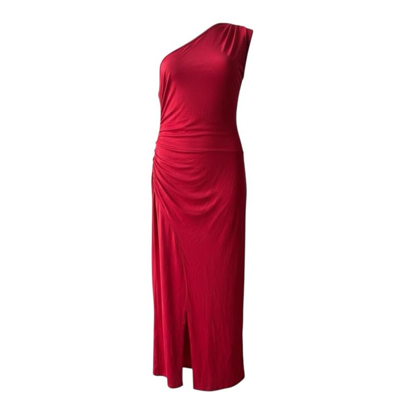 Dress Merah Maxi Plus Size Saiz Besar Size 2XL Bust 48" One Shoulder Extra Long dengan Ruched Detailing dan Slit Tinggi