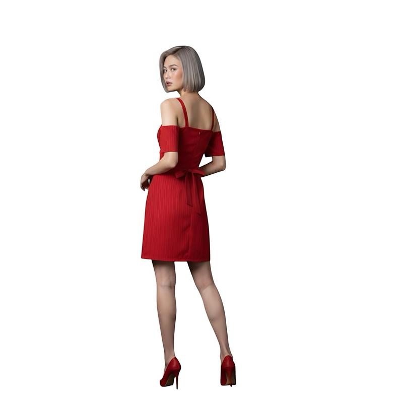 Red Cold Shoulder Mini Dress | Elegan Mini Dress Wanita | Pakaian Makan Malam & Acara | Gaya Moden