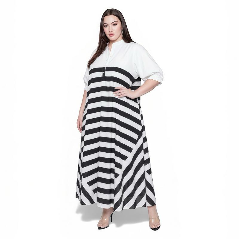 | Plus Size Women Stripe Maxi Dress Loose Fit Collar Puff Sleeve Baju Raya 2026 Casual Minimalist Long Dress