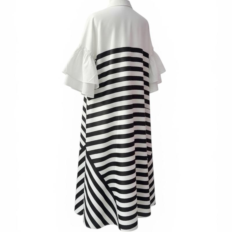 | Plus Size Women Stripe Maxi Dress Loose Fit Collar Puff Sleeve Baju Raya 2026 Casual Minimalist Long Dress