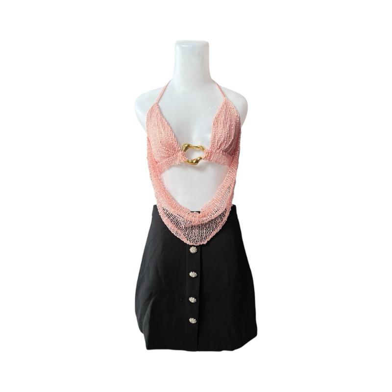 [1 of 1] Rewear Station Sexy Orange Crochet Halter Statement Top Black Skirt Set Baju Set  Jingga Hitam