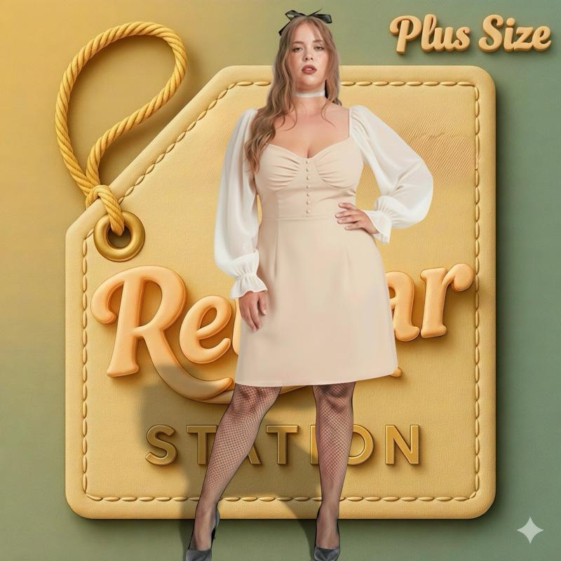 Dress Cream Plus Size Puff Sleeve Ruched Elegant Viral