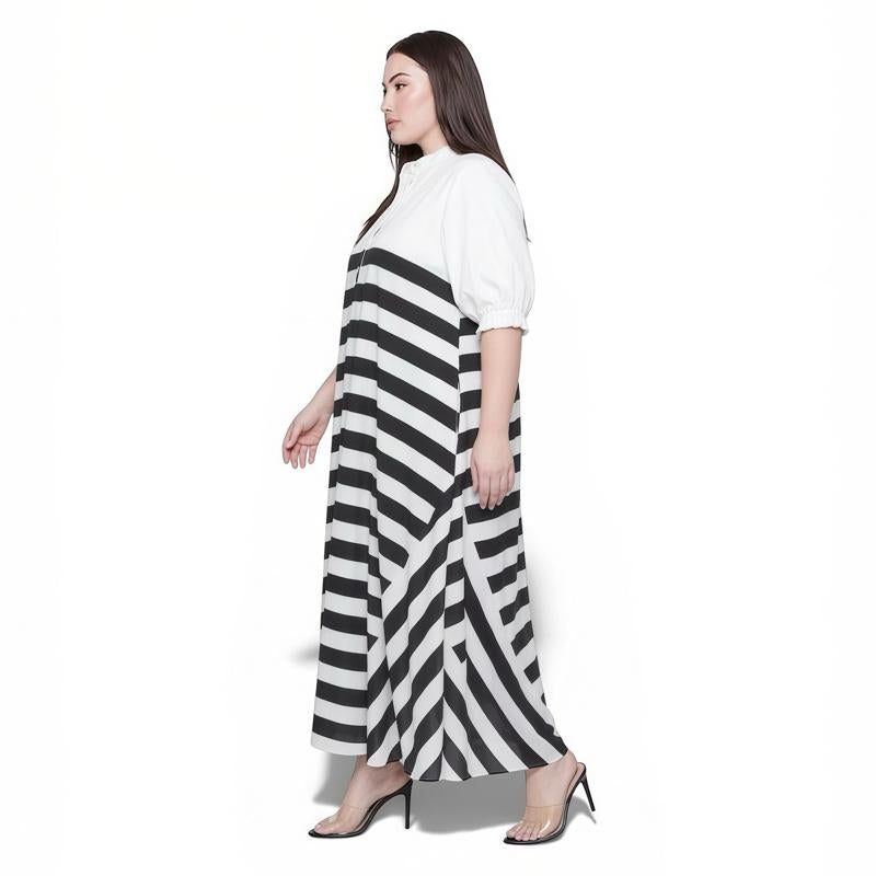 | Plus Size Women Stripe Maxi Dress Loose Fit Collar Puff Sleeve Baju Raya 2026 Casual Minimalist Long Dress