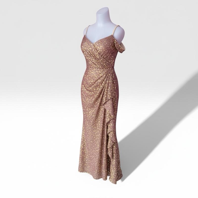 Champagne Sequin Evening Dress Set Necklace Earrings