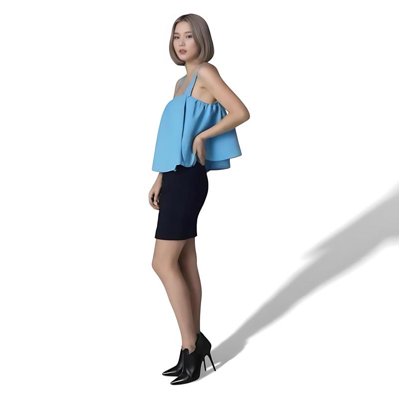 [1 of 1] Rewear Station Blue Flared Top Black Mini Skirt Baju Set Biru Hitam Santai