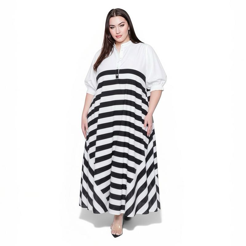 | Plus Size Women Stripe Maxi Dress Loose Fit Collar Puff Sleeve Baju Raya 2026 Casual Minimalist Long Dress