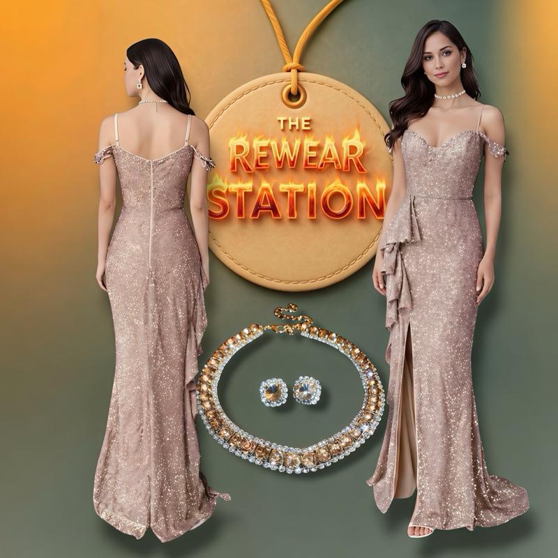 Champagne Sequin Evening Dress Set Necklace Earrings