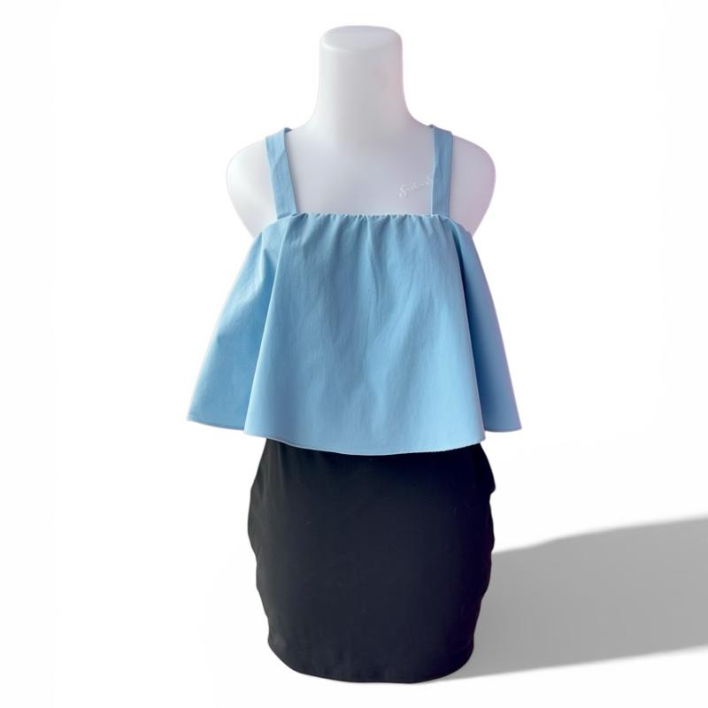 [1 of 1] Rewear Station Blue Flared Top Black Mini Skirt Baju Set Biru Hitam Santai