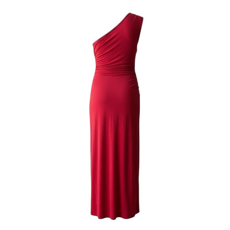 Dress Merah Maxi Plus Size Saiz Besar Size 2XL Bust 48" One Shoulder Extra Long dengan Ruched Detailing dan Slit Tinggi