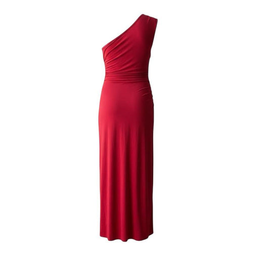Dress Merah Maxi Plus Size Saiz Besar Size 2XL Bust 48" One Shoulder Extra Long dengan Ruched Detailing dan Slit Tinggi