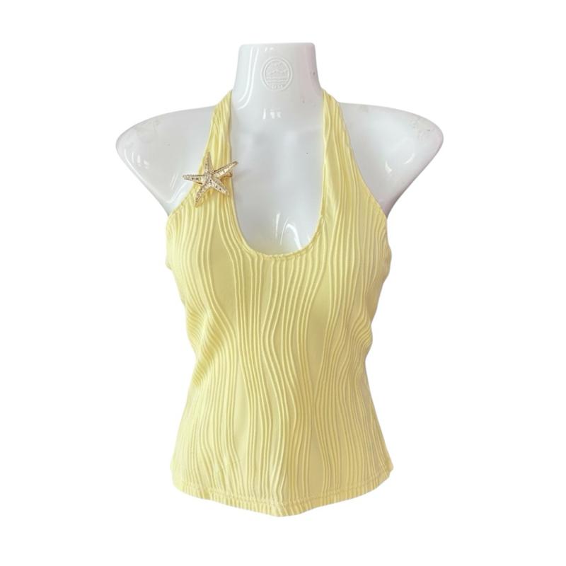 Yellow Ribbed Halter Top with Stretch | Back Tie