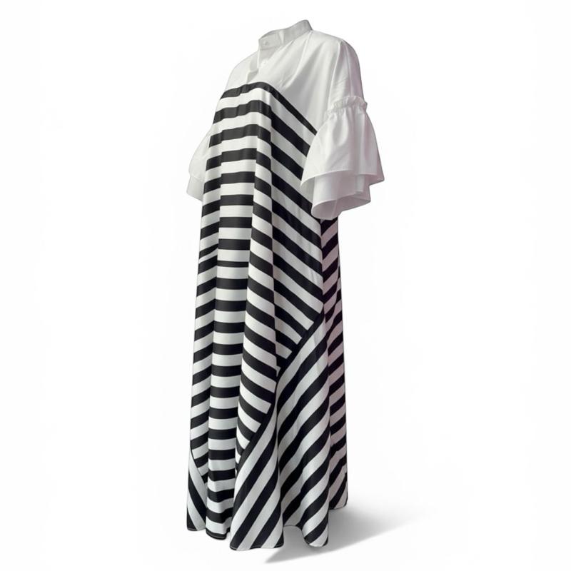 | Plus Size Women Stripe Maxi Dress Loose Fit Collar Puff Sleeve Baju Raya 2026 Casual Minimalist Long Dress