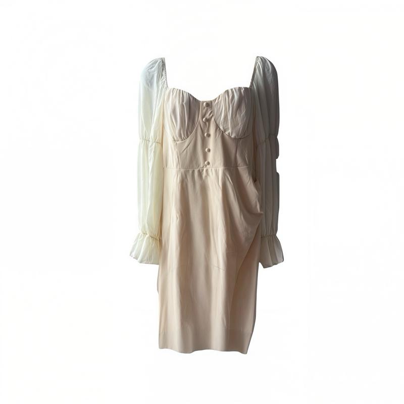 Dress Cream Plus Size Puff Sleeve Ruched Elegant Viral