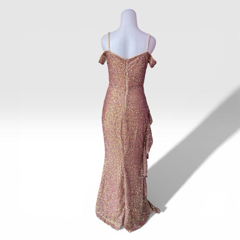 Champagne Sequin Evening Dress Set Necklace Earrings