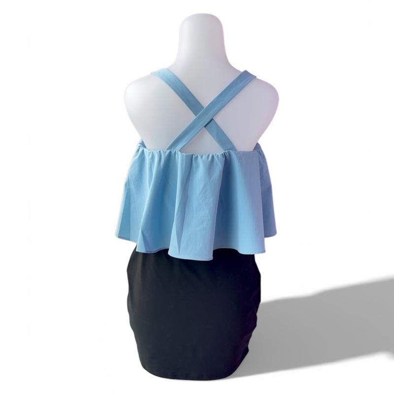 [1 of 1] Rewear Station Blue Flared Top Black Mini Skirt Baju Set Biru Hitam Santai