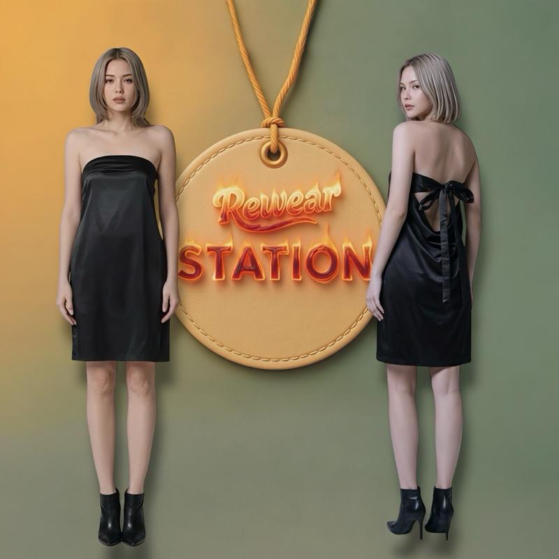 Elegant Black Satin Tube Dress with Back Tie