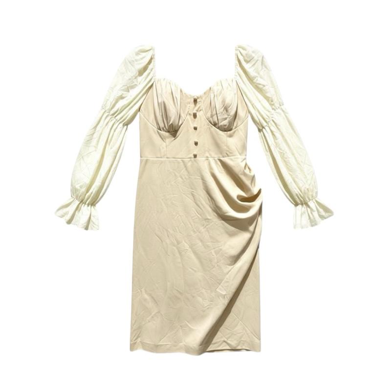 Dress Cream Plus Size Puff Sleeve Ruched Elegant Viral