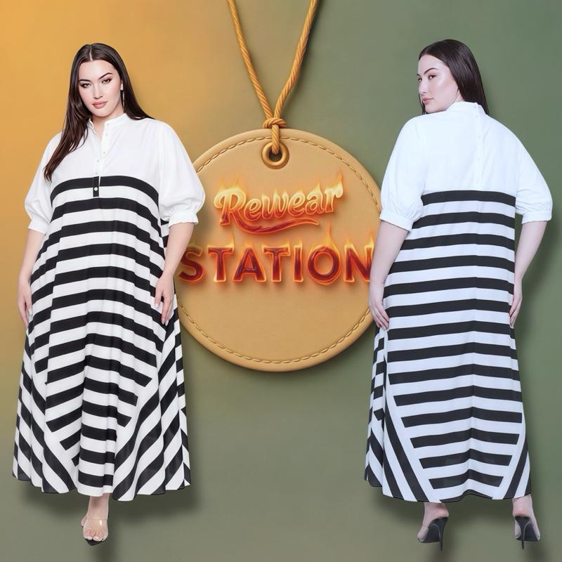 | Plus Size Women Stripe Maxi Dress Loose Fit Collar Puff Sleeve Baju Raya 2026 Casual Minimalist Long Dress