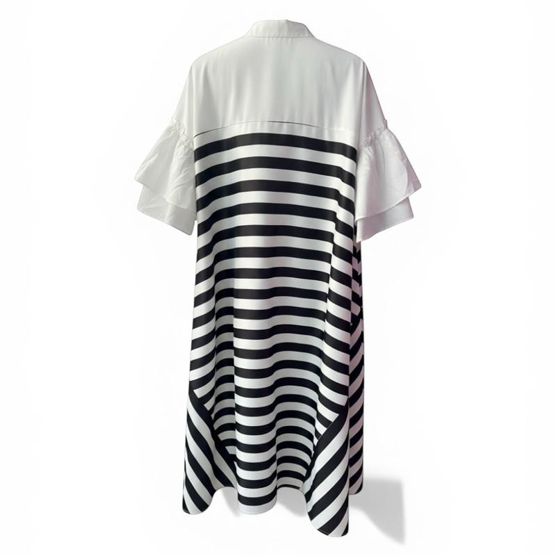 | Plus Size Women Stripe Maxi Dress Loose Fit Collar Puff Sleeve Baju Raya 2026 Casual Minimalist Long Dress