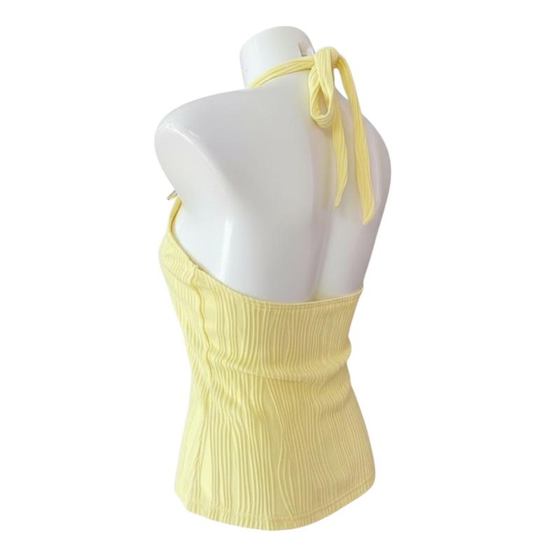 Yellow Ribbed Halter Top with Stretch | Back Tie