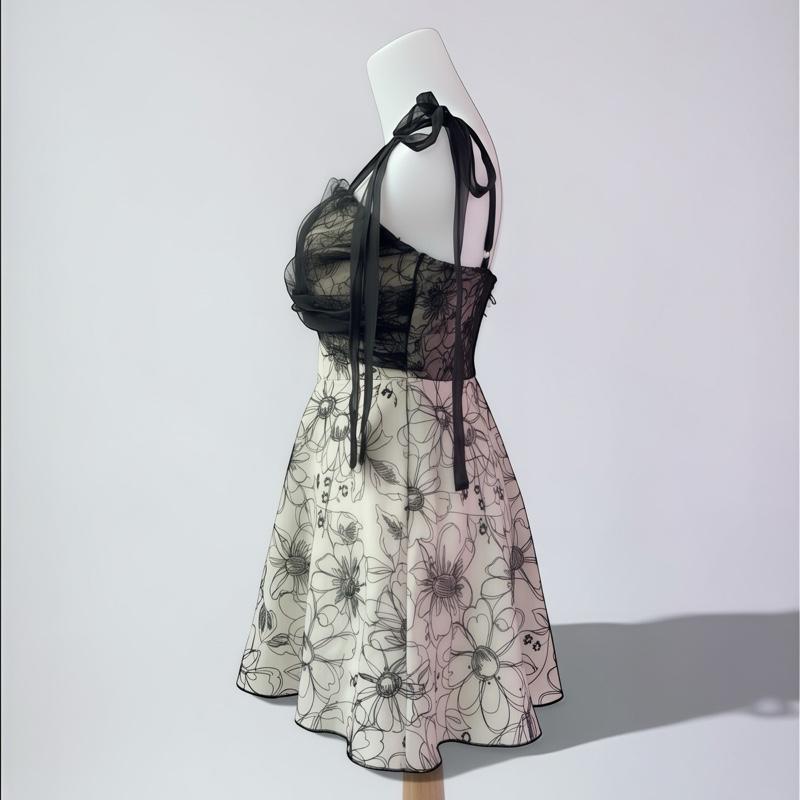 "Rewear Station Vintage Floral Mini Dress Ready Stock Malaysia Ribbon Strap Dress Baju Wanita Cantik"