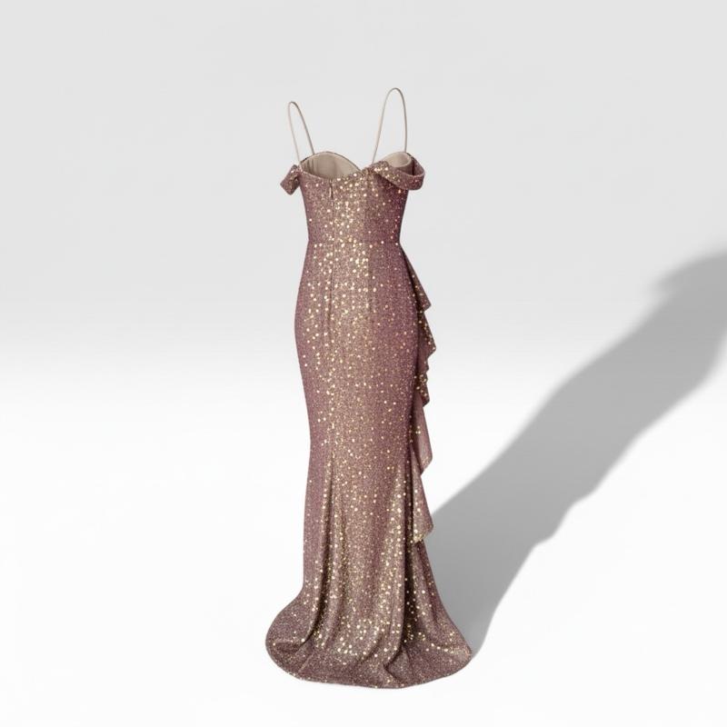 Champagne Sequin Evening Dress Set Necklace Earrings
