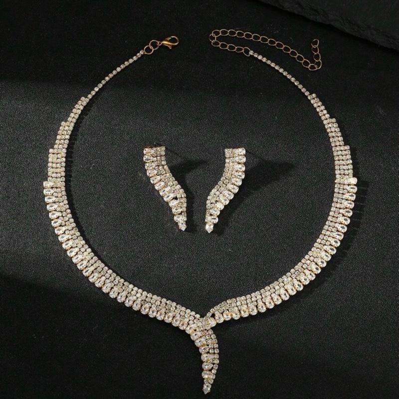 Gold Sequin Evening Gown Set Necklace Earrings