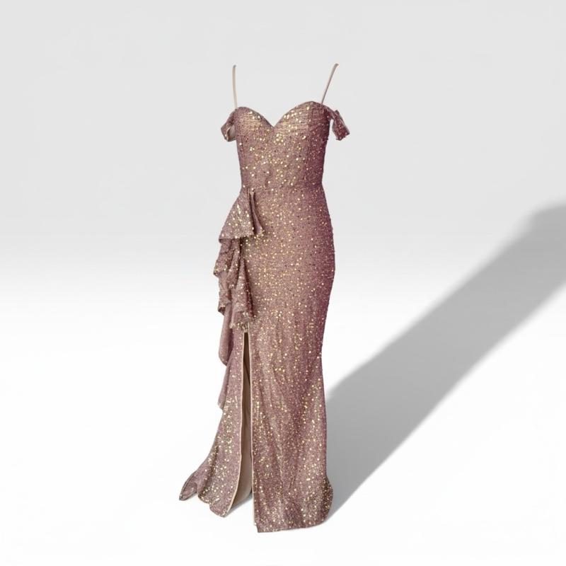 Champagne Sequin Evening Dress Set Necklace Earrings