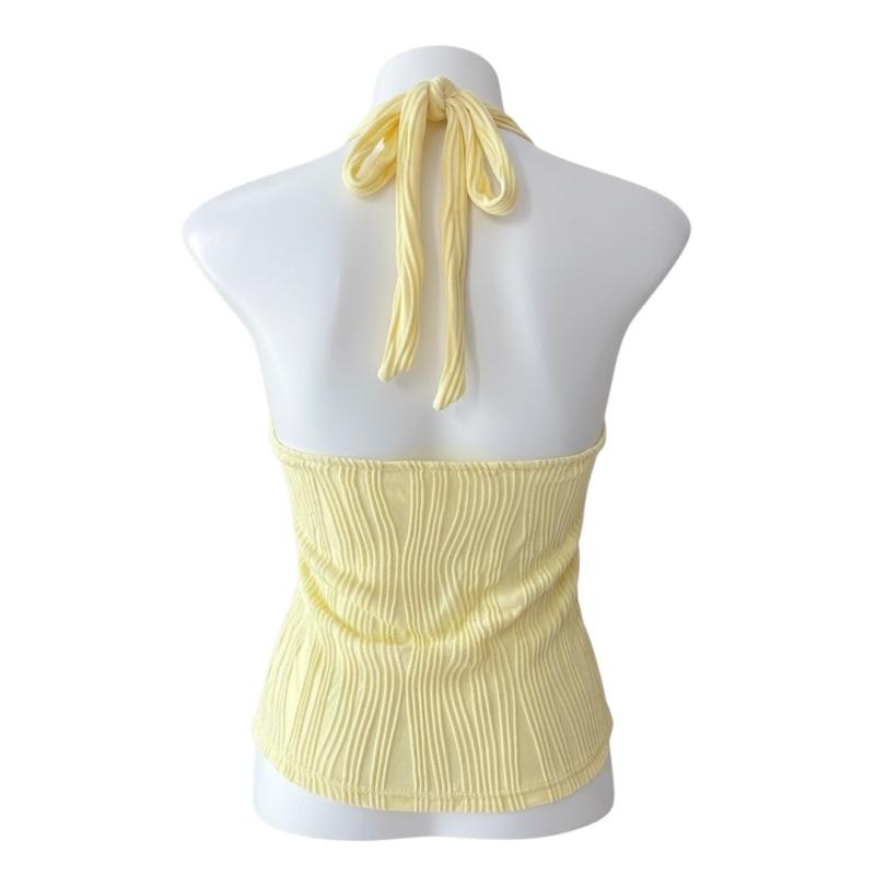Yellow Ribbed Halter Top with Stretch | Back Tie