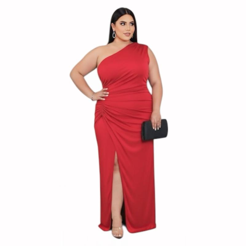 Dress Merah Maxi Plus Size Saiz Besar Size 2XL Bust 48" One Shoulder Extra Long dengan Ruched Detailing dan Slit Tinggi