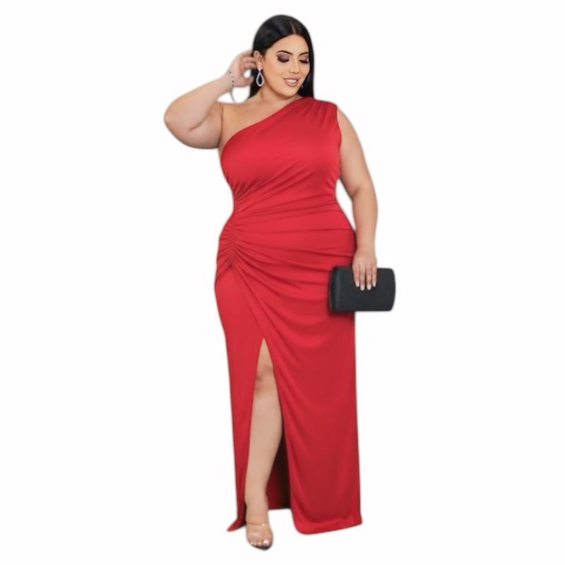 Dress Merah Maxi Plus Size Saiz Besar Size 2XL Bust 48" One Shoulder Extra Long dengan Ruched Detailing dan Slit Tinggi