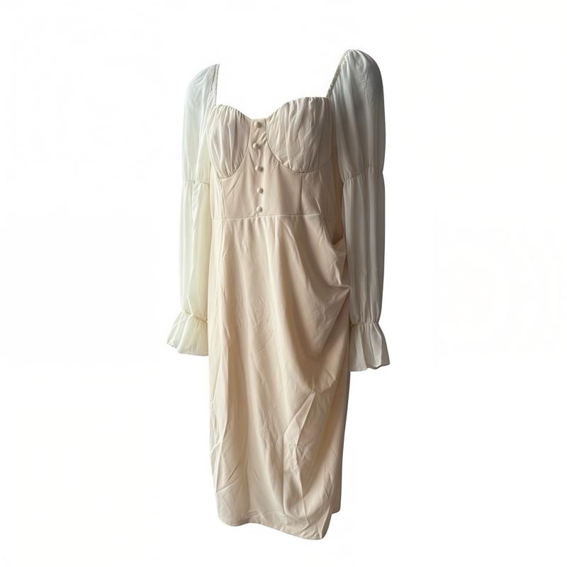 Dress Cream Plus Size Puff Sleeve Ruched Elegant Viral