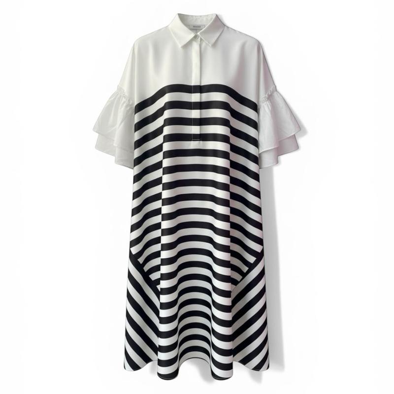 | Plus Size Women Stripe Maxi Dress Loose Fit Collar Puff Sleeve Baju Raya 2026 Casual Minimalist Long Dress